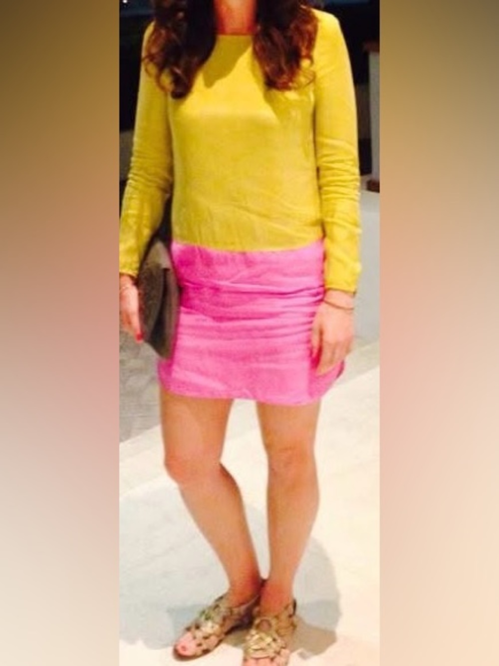 Harilyn silk Long Sleeve Shift Dress in Chartreuse and Magenta size small